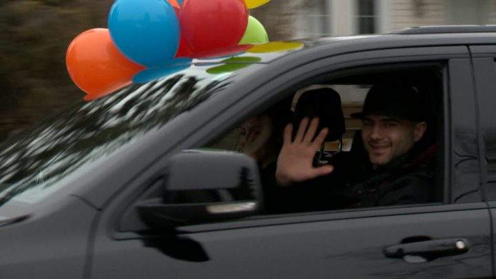 Calgary Flames captain Mark Giordano and his wife Lauren Giordano take part in a birthday train celebration on Sunday, April 5, 2020.