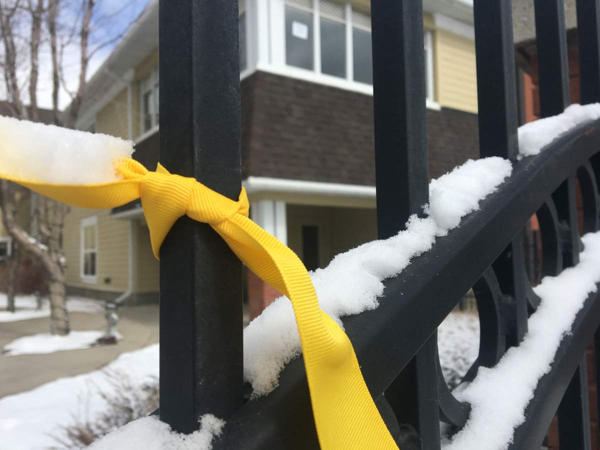 Yellow ribbons outside care home.
