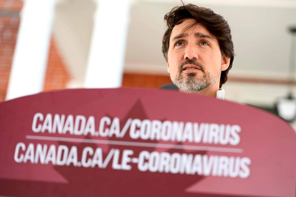 Prime Minister Justin Trudeau speaks during his daily press conference on the COVID-19 pandemic in front of his residence at Rideau Cottage on Saturday, April 18, 2020.