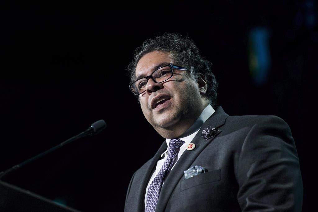 Calgary Mayor Naheed Nenshi speaks after receiving an award from Prime Minister Justin Trudeau during the Public Policy Testimonial Dinner in Toronto on Thursday, April 20, 2017. Calgary Mayor Naheed Nenshi says it's not his first choice to make a downtown convention centre into a temporary homeless shelter during the COVID-19 pandemic. THE CANADIAN PRESS/Christopher Katsarov.