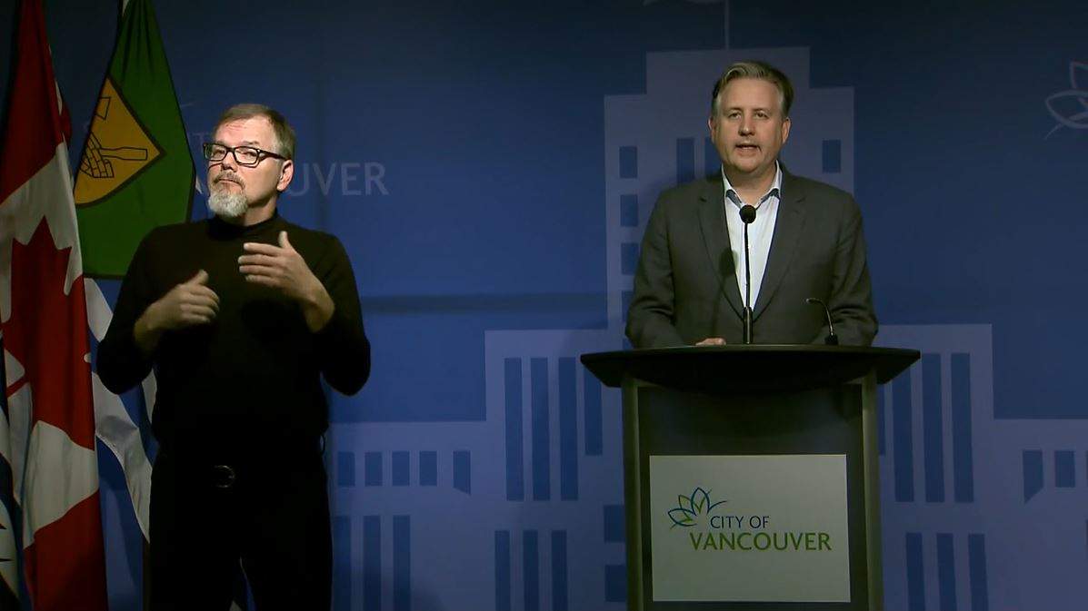 Mayor Kennedy Stewart discussed measures to protect residents of the Downtown Eastside at a news conference on April 3, 2020. 