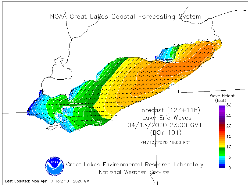 Wave height levels in Lake Erie, measured in feet, expected around 7 p.m. ET.