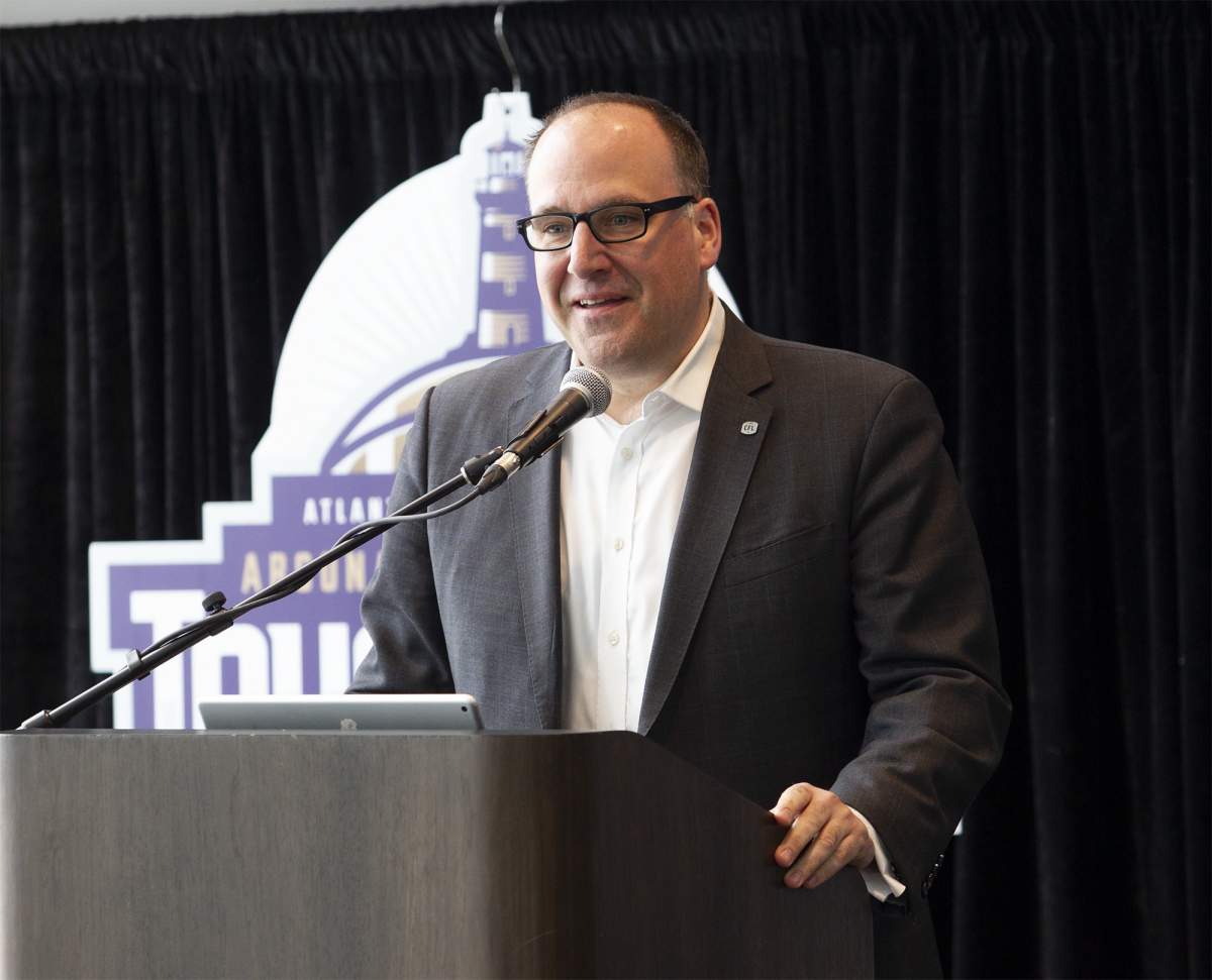 Anthony LeBlanc, Founding Partner, Schooners Sports and Entertainment, speaks at a press conference in Moncton, N.B., on Friday, March 29, 2019. The Ottawa Senators have named LeBlanc as its president of business operations. LeBlanc was most recently a founding partner of Schooner Sports and Entertainment, a group trying to bring a CFL team to Halifax. 