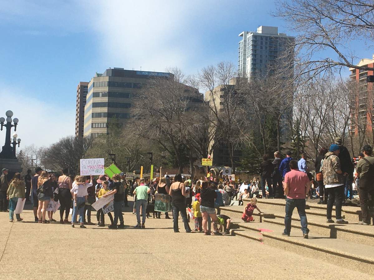 Protesters gathered at the Alberta legislature  to protest COVID-19 restrictions on Wednesday, April 29, 2020. 