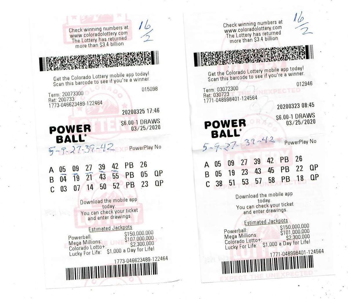 Two winning lottery tickets are shown in the Powerball draw from March 25, 2020.