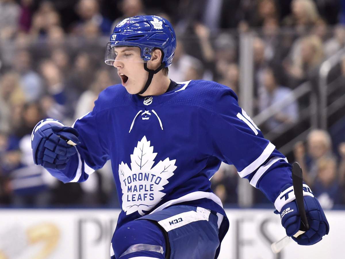 Toronto Maple Leafs centre Mitch Marner (16) celebrates his goal against the New York Islanders during an NHL hockey game in Toronto.