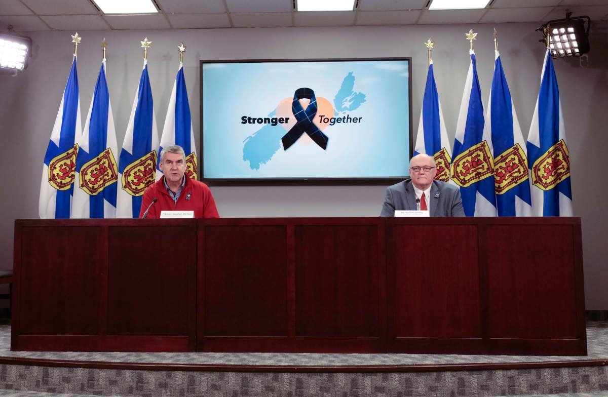 Nova Scotia Premier Stephen McNeil and chief public health officer Dr. Robert Strang speak at a press briefing in Halifax on Friday, April 24, 2020. 