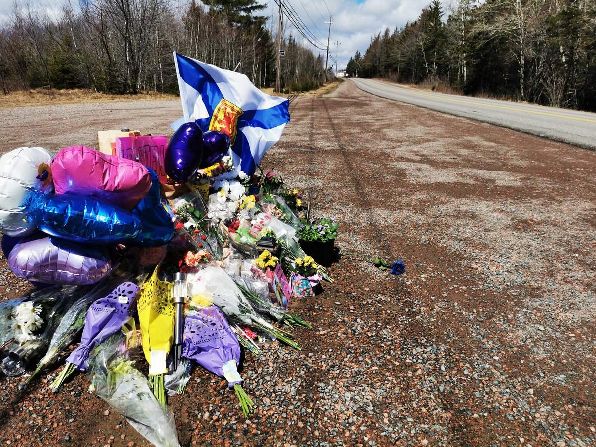 A roadside memorial is set up in Nova Scotia to honour the 22 victims of the mass shooting that began in Portapique, N.S., on April 18 and ended in Enfield, N.S., on April 19.