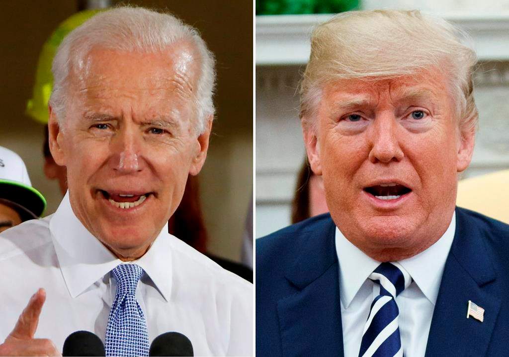 FILE - In this combination of file photos, former Vice President Joe Biden speaks in Collier, Pa., on March 6, 2018, and President Donald Trump speaks in the Oval Office of the White House in Washington on March 20, 2018. For a moment, West Virginia looked like it was going to be the only state in the country to allow betting on the presidential election. The short-lived play by bookmaker giant FanDuel was approved by the state lottery board. But it was announced and nixed within the span of about two hours Tuesday, April 7, 2020 in a bizarre sequence that appeared to baffle top government officials. Republican Gov. Jim Justice said it was ridiculous and he didn't know why the lottery commission would approve such a deal. (AP Photo).