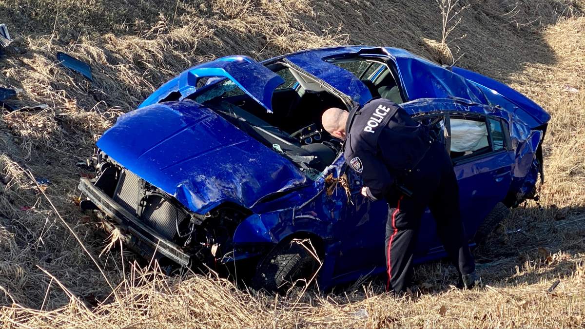 Ottawa paramedics say three men were seriously injured and taken to hospital after this car crashed at the intersection of Bearbrook Road and St. Joseph Boulevard in the city’s east end.