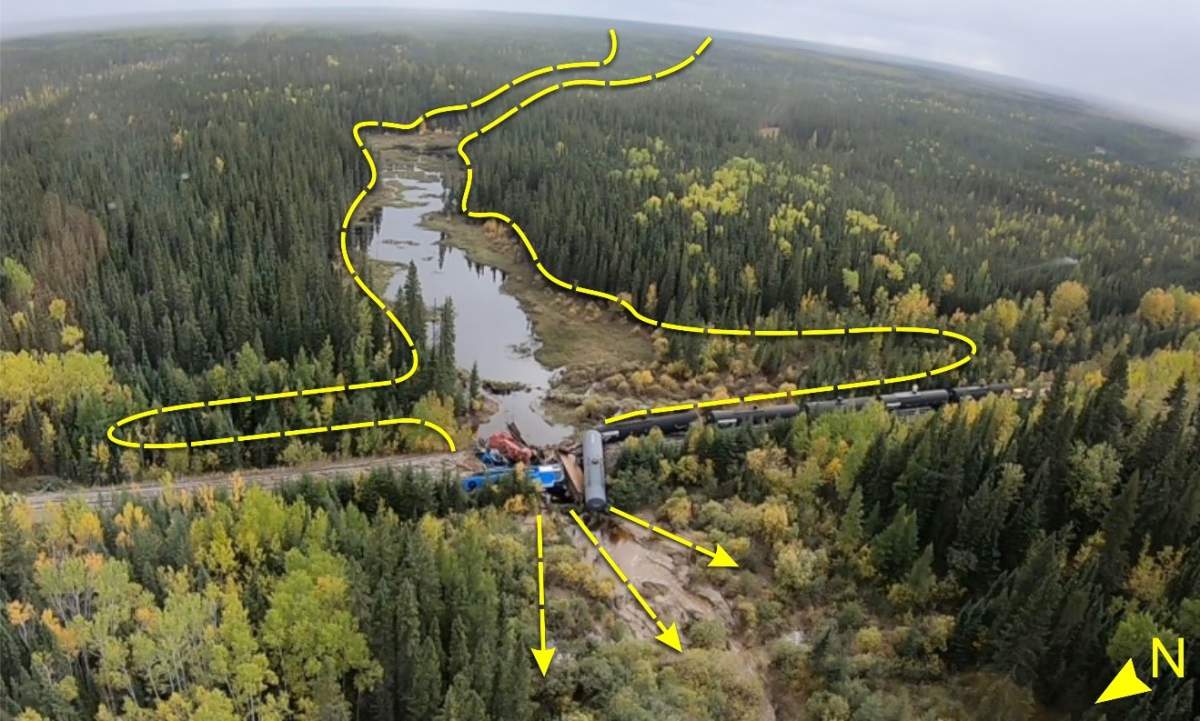 Photo provided by the TSB shows high-water marks around the rail line where the crash happened.