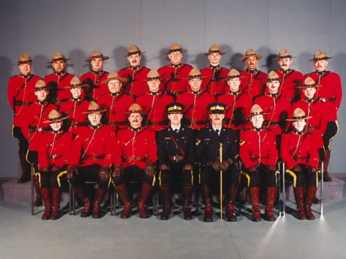 A photo of Troop 11 at RCMP depot in 1995. Heidi Stevenson is in the middle row, second from left. Chris Williams is in the top row, fourth from right.