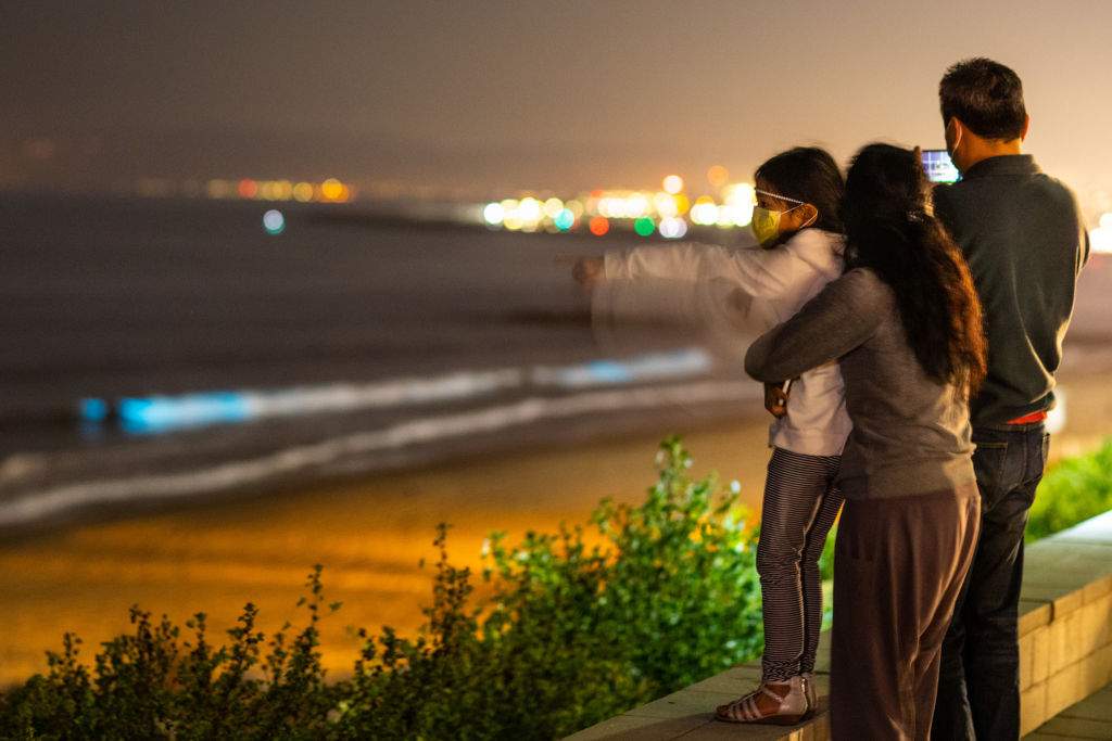 A young girl points to Bioluminescent waves glowing off the coast of Redondo Beach, CA, Monday, April 27, 2020.