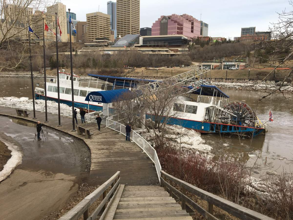 Part of the Edmonton Riverboat was submerged in water Wednesday, April 22, 2020.