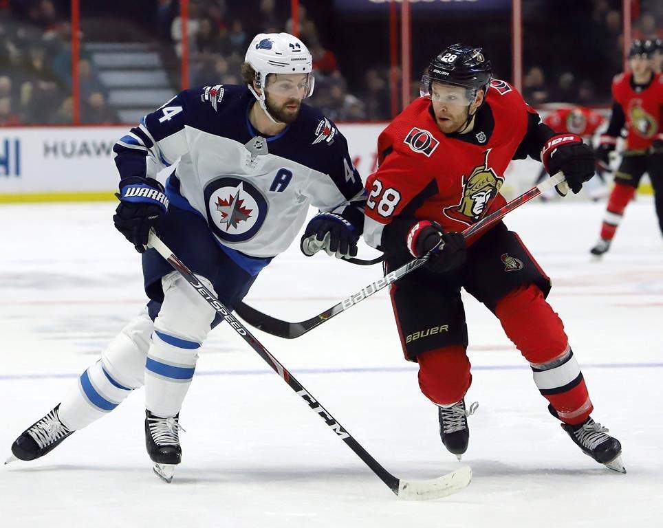 Ottawa Senators right wing Connor Brown (28) and Winnipeg Jets defenceman Josh Morrissey (44) battle for position during second-period NHL action in Ottawa on Thursday, Feb. 20, 2020. THE CANADIAN PRESS/Fred Chartrand