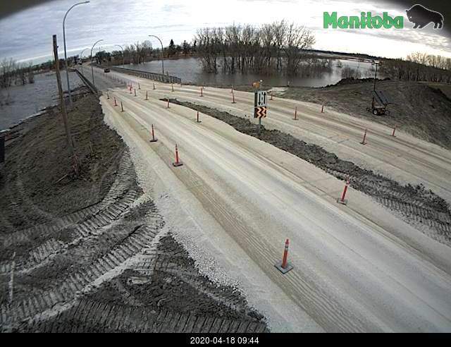 Water levels on the Red River shown on Highway 75 near Morris, MB on Saturday.