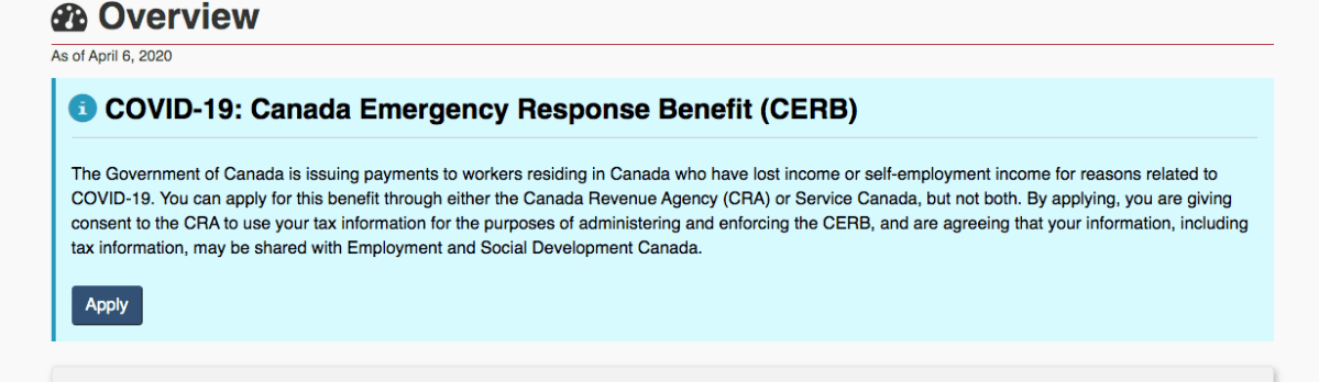 Screenshot of the Canada Emergency Response Benefit portal Canadians see when they’ve logged into the CRA My Account portal.