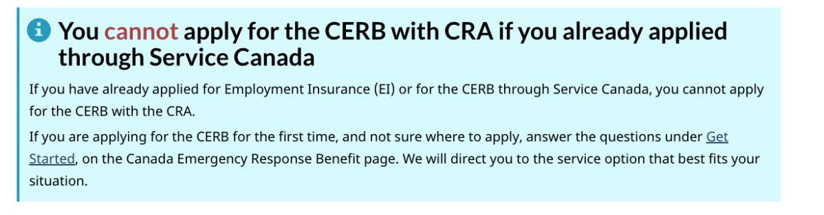 A screenshot from the CRA website shows a prominent warning against double-applying for the CERB on Tuesday, April 14, 2020.