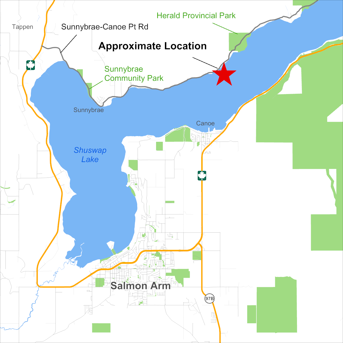 A map showing the approximate location of the suspected blue-green algae bloom.