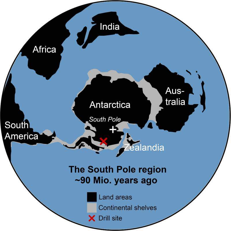 This simplified handout graphic shows a general picture of what the South Pole area of the globe looked like about 90 million years ago.