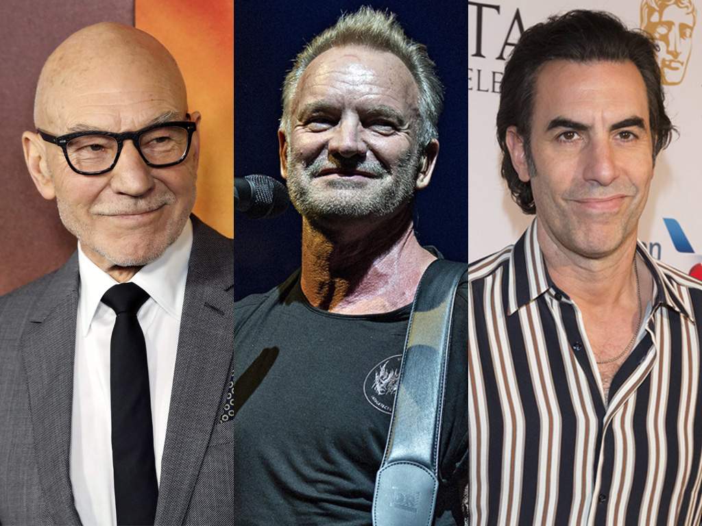 (L-R) Sir Patrick Stewart, Sting and Sacha Baron Cohen.
