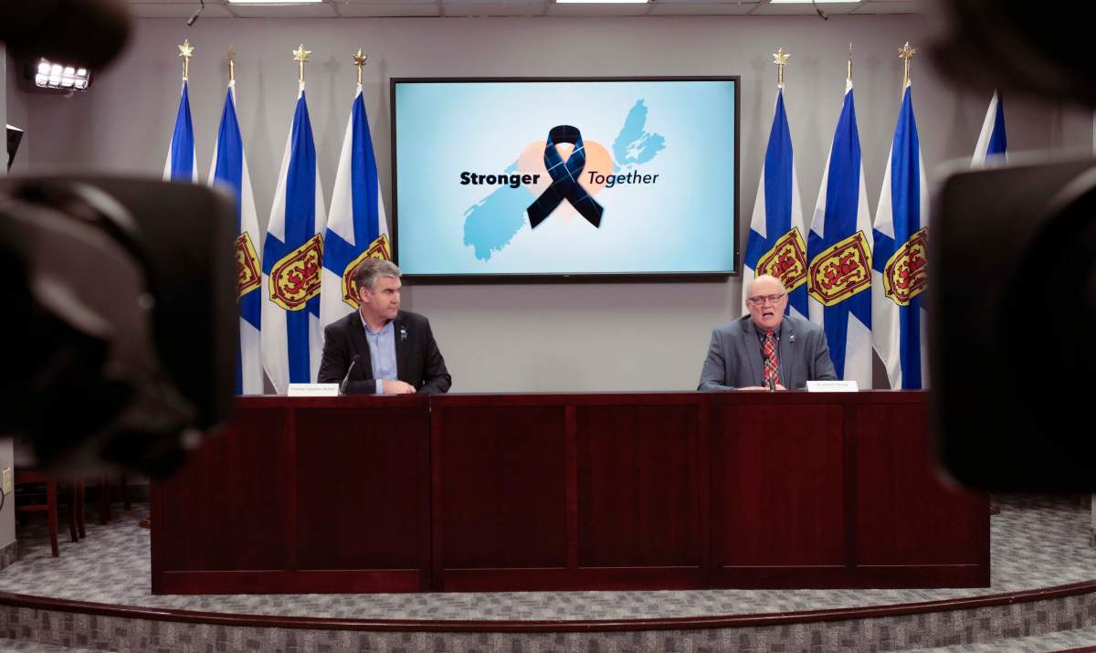 Premier Stephen McNeil and chief public health officer Dr. Robert Strang speak at a press briefing in Halifax on Wednesday, April 29, 2020. 