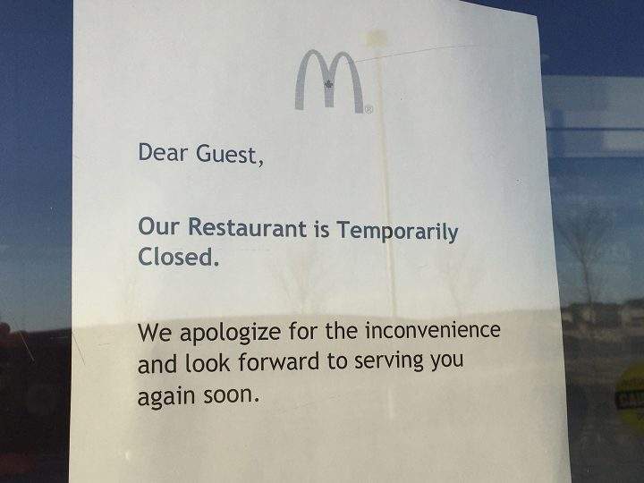 A note on the door of the McDonald’s at 153 Walden Gate S.E. in Calgary on April 20, 2020.