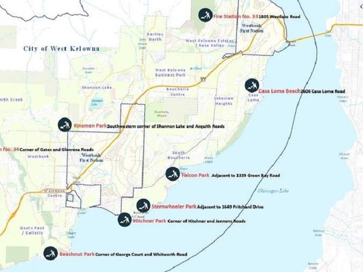 A map showing the locations of the sandbag locations in West Kelowna.