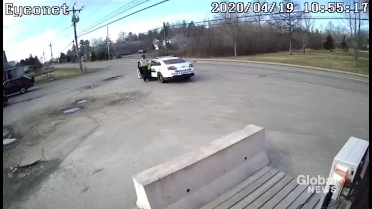 Surveillance video appears to show the suspect in a mass shooting that killed at least 23 people in Nova Scotia on April 19, 2020.