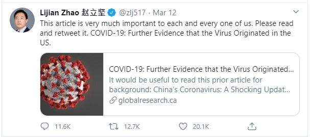 Tweet of Global Research story by Chinese official popularized COVID-19 conspiracy theory, report says.