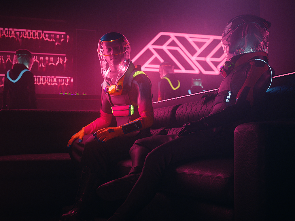 A digital rendering of a scenario in which people are using Production Club’s Micrashell Futuresuit, which is described as a concept solution to social distancing during the COVID-19 pandemic.