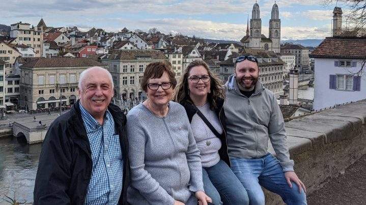 The Elchuk family poses for a picture in Switzerland (From left to right: Paul, Christine, Lindsey and Andrew).