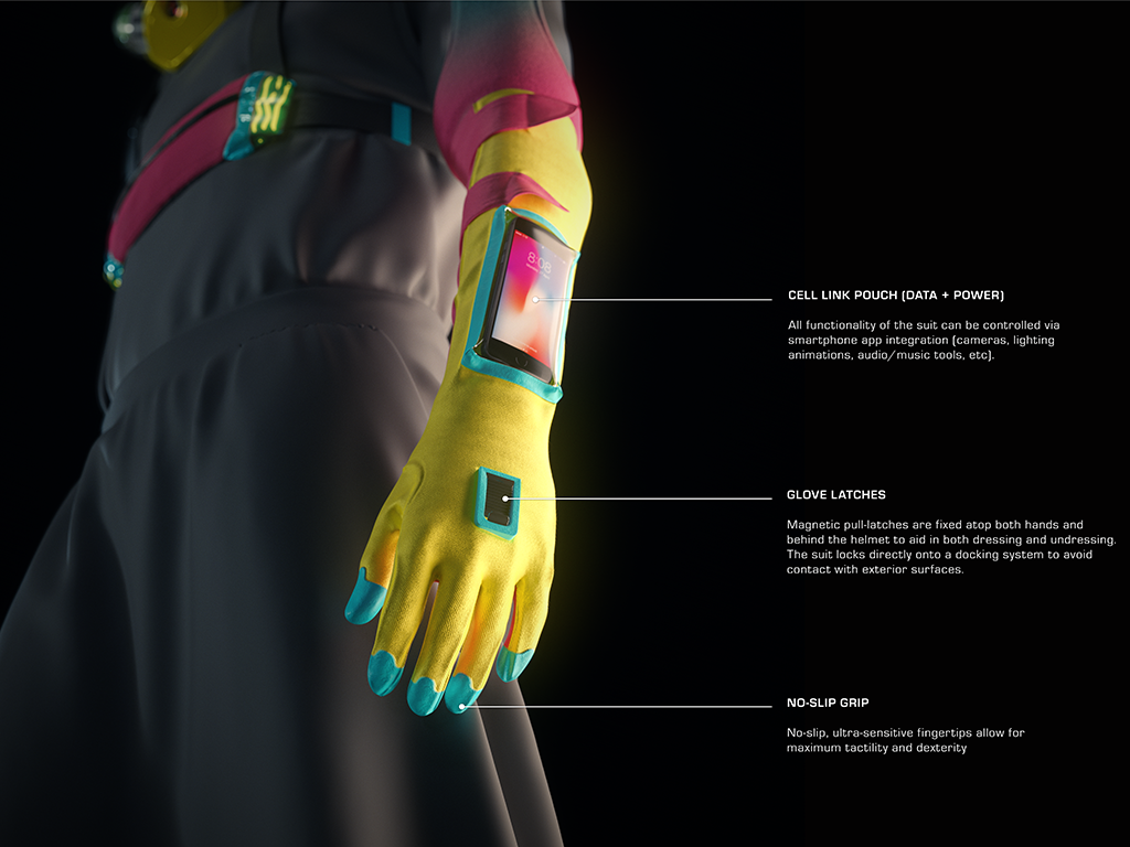 A digital rendering of a prototype design of Production Club’s Micrashell Futuresuit, which expands on some of its included features.