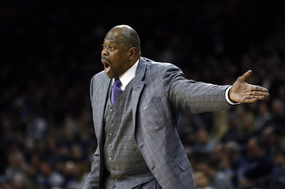 FILE - In this Saturday, Jan. 11, 2020, file photo, Georgetown head coach Patrick Ewing yells to his team during the first half of an NCAA college basketball game against Villanova, in Philadelphia. In a statement issued by Georgetown on Friday, May 22, 2020, Ewing has tested positive for COVID-19. 
