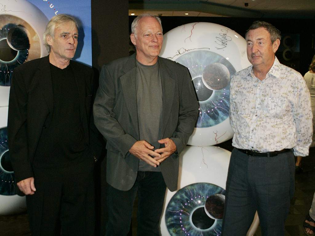 Members of Pink Floyd: David Gilmour, center, Nick Mason, right, and the late Rick Wright, left, arrive for the screening of the group’s new DVD at a cinema in central London’s Leicester Square, on Monday, July 3, 2006.
