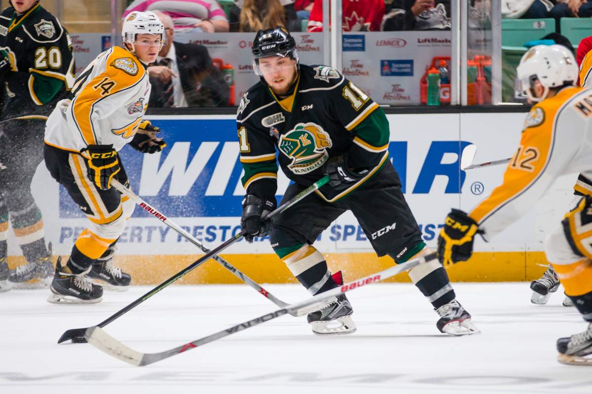 Action from Game 4 of the 2016 MasterCard Memorial Cup between the London Knights and Brandon Wheat Kings in Red Deer, AB on Monday May 23, 2016. Photo by Rob Wallator/CHL Images.