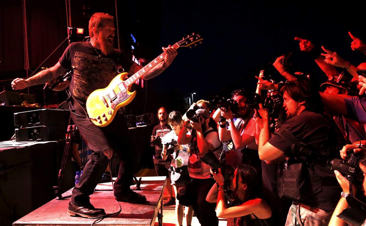 Guitarist Brent Hinds of Mastodon performs on stage during their concert on the second day of the Download Music Festival at Caja Magica Stadium in Madrid, Spain on June 23, 2017.