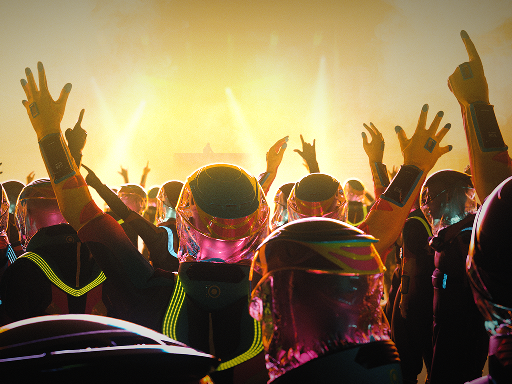 A digital rendering of a concert scenario in which people are using Production Club’s Micrashell Futuresuit, which is a concept solution to social distancing during the COVID-19 pandemic.