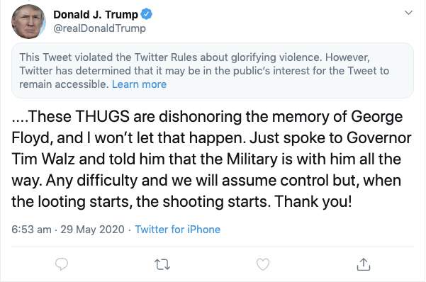 Twitter puts warning on Trump tweet for breaking ‘glorifying violence’ rule - image