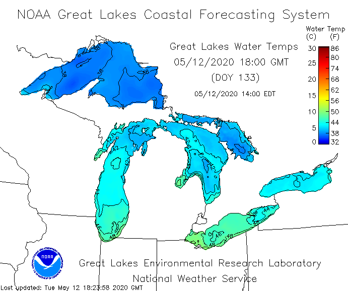 Water temperatures in the great lakes as of 2 p.m. ET on May 12.