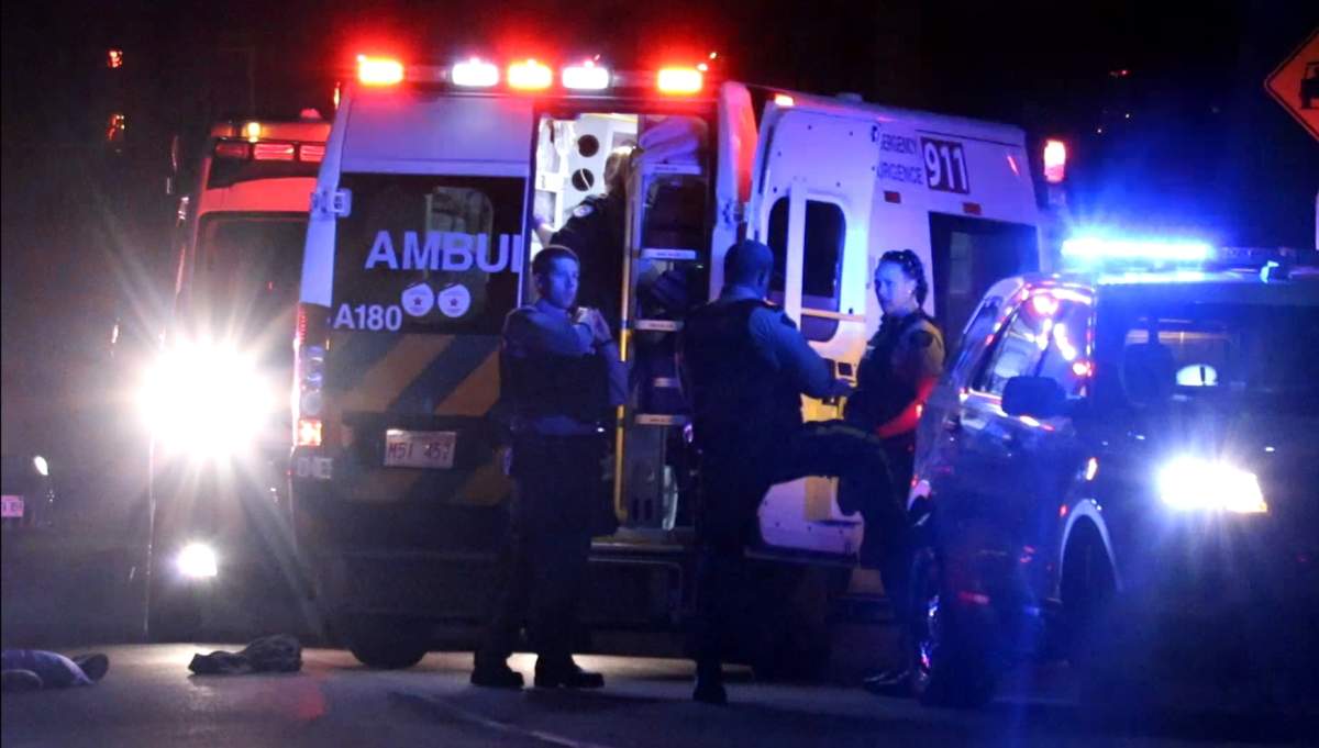 First responders, including members of the RCMP and Ambulance New Brunswick, at a Sangster Street home in Moncton, N.B., on May 21, 2020. 