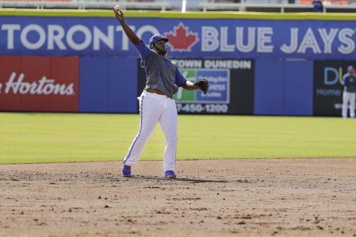Toronto Blue Jays' Vladimir Guerrero Jr. warms up before a spring training baseball game against the Pittsburgh Pirates Monday, March 2, 2020, in Dunedin, Fla.