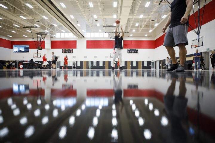The Canadian men's basketball team practice at the OVO Athletic Centre in Toronto, Monday, Aug. 5, 2019. The Toronto Raptors say players will be allowed access to the OVO Athletic Centre starting next week for individual workouts. 