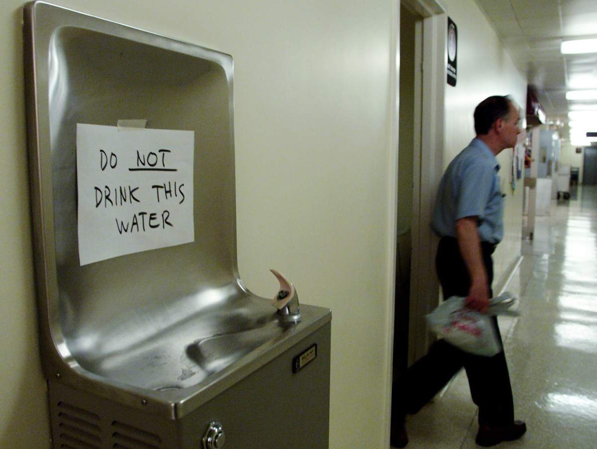 A sign warns people not to drink the water on a fountain at the hospital in Walkerton, Ont. Wednesday May 24, 2000.