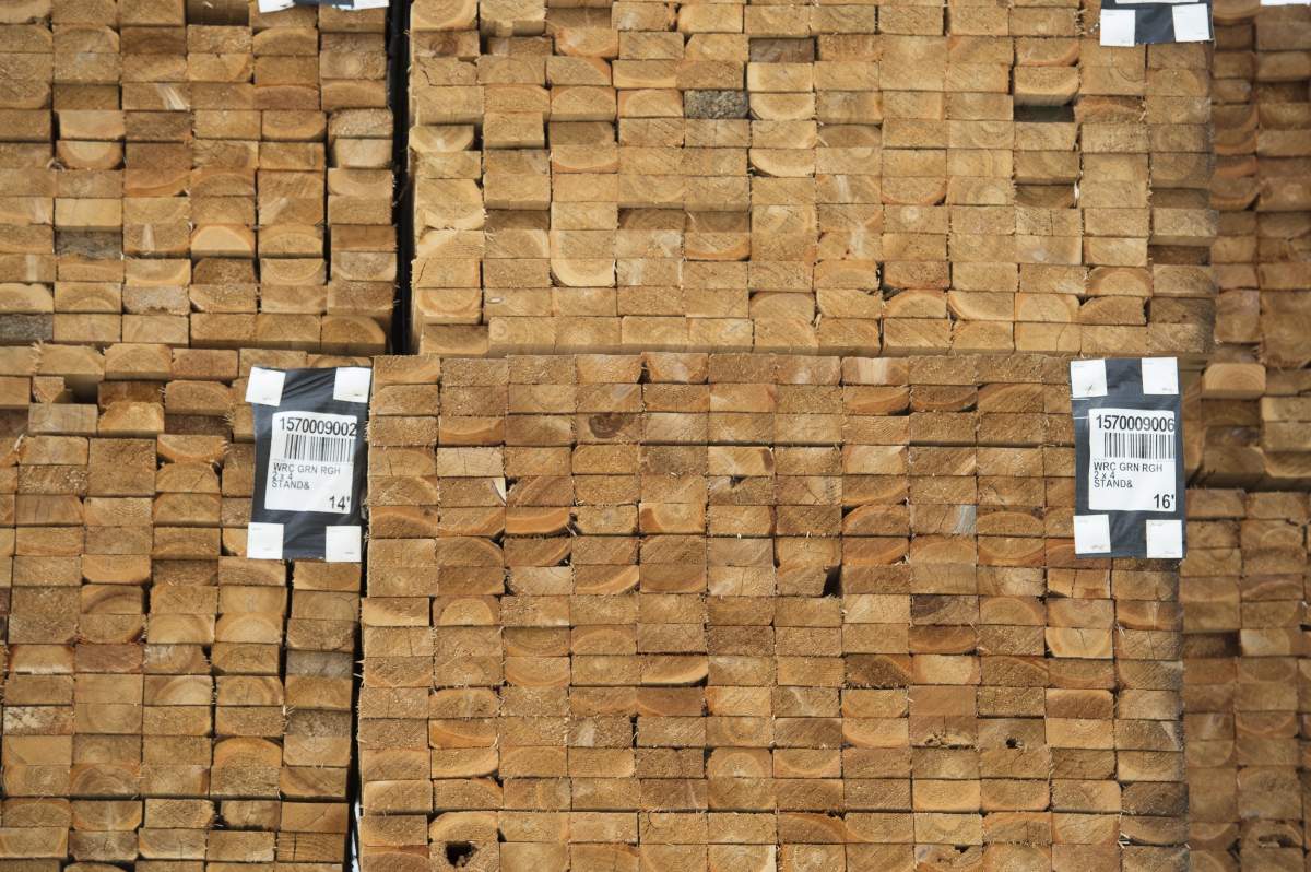 Fresh cut lumber is pictured stacked at a mill along the Stave River in Maple Ridge, B.C. on April 25, 2019.