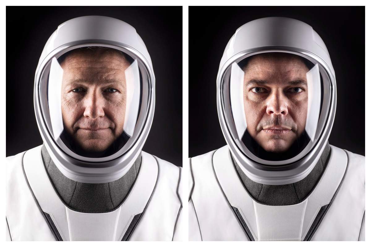 This combination of undated photos made available by SpaceX shows NASA astronauts Doug Hurley, left, and Bob Behnken in their spacesuits at SpaceX headquarters in Hawthorne, Calif., on Wednesday, May 27, 2020,