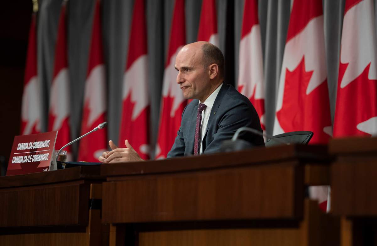President of the Treasury Board Jean-Yves Duclos speaks during a news conference on the COVID-19 pandemic in Ottawa, on Wednesday, May 27, 2020. 