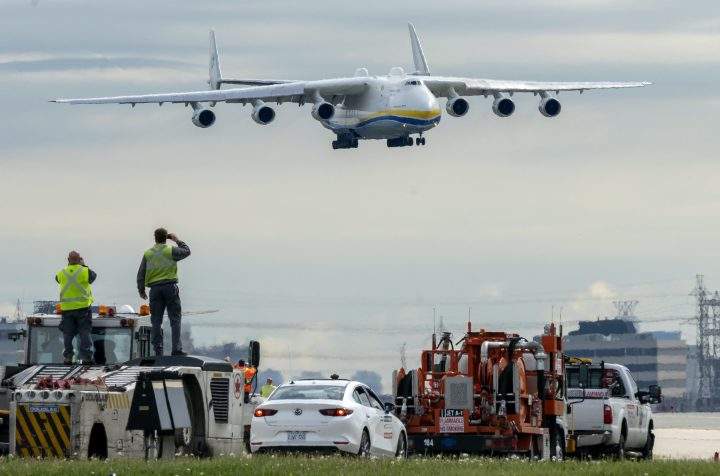 The Antonov AN-225 aircraft carrying medical supplies arrives in Toronto on Saturday, May 30, 2020. THE CANADIAN PRESS/Frank Gunn