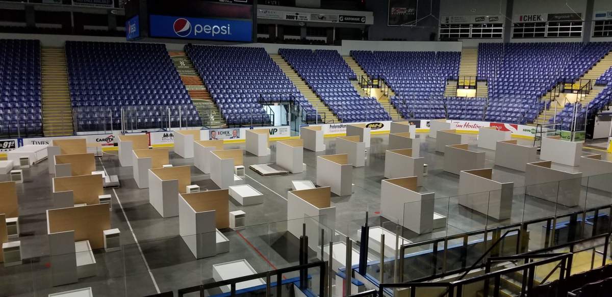Pods are set up on the rink at the Save-On-Foods Memorial Centre in Victoria, B.C.