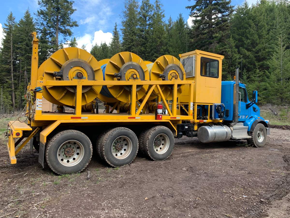 A picture provided to police of the blue and yellow 2018 Peterbilt tractor rope truck prior to the blaze. Provided by Merritt RCMP.